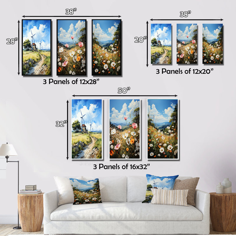 «Wind Turbines In Wind Farm», 3 pièces sur toile, Encadrement doré, H 32 po x l 48 po
