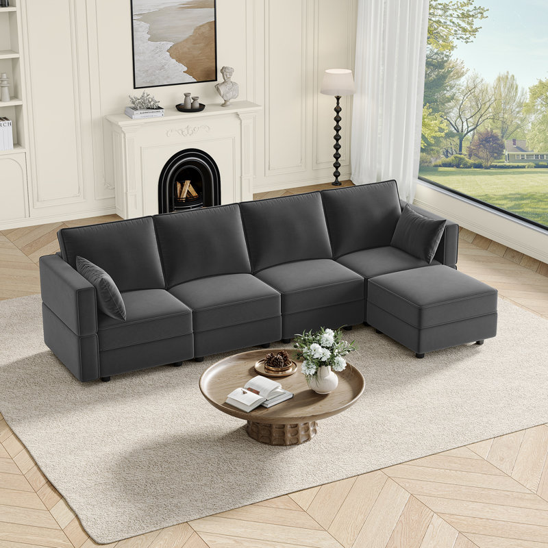 118" Velvet Modular Storage Sofa, 4-seater Convertible Couch With 1 Ottoman, Gray Velvet