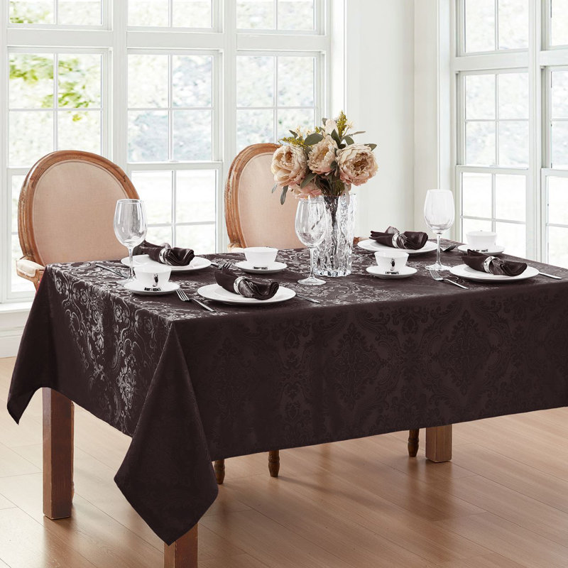 Corson Woven Damask Jacquard Polyester Tablecloth, Black, 120" L x 60" W Rectangle