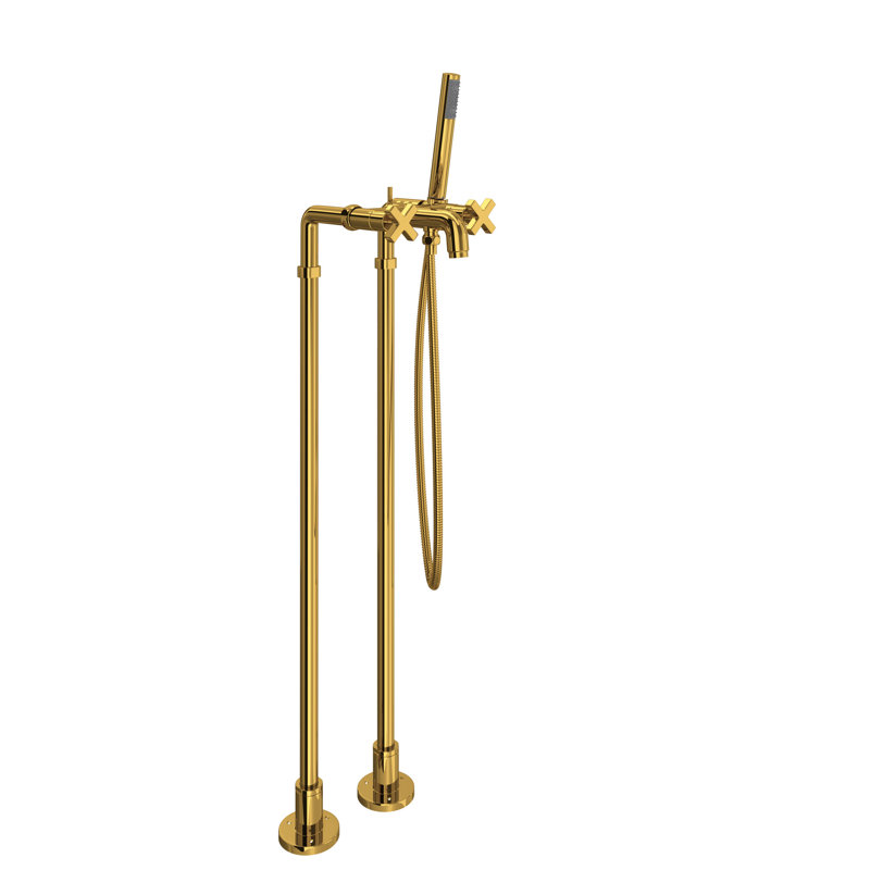 Lombardia® Double Handle Floor Mount Clawfoot Tub Faucet, Unlacquered Brass, Cross Handle