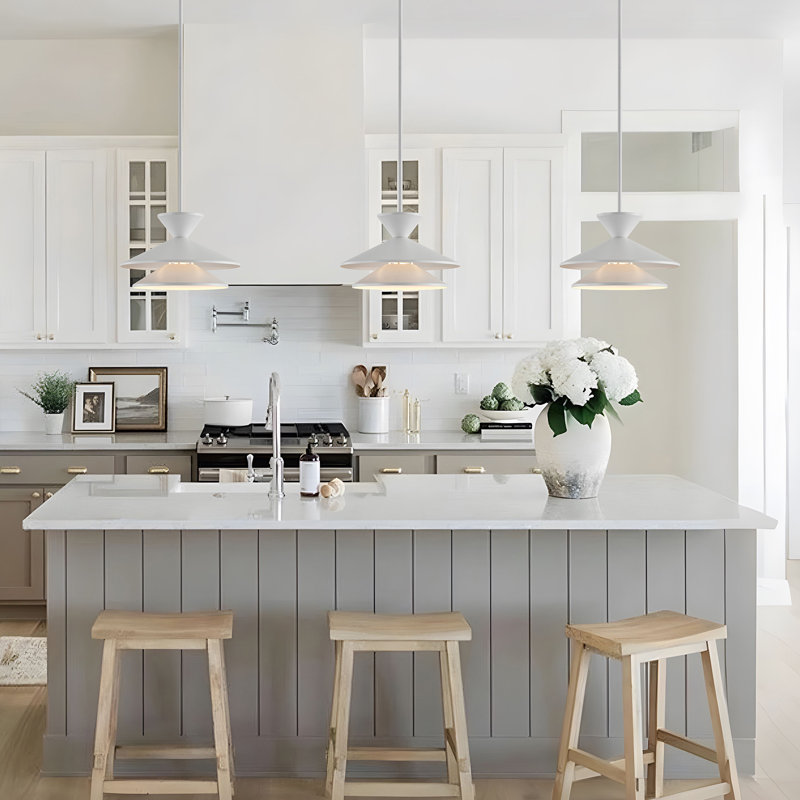 1-Light Tiered Cone Pendant Light in White, White