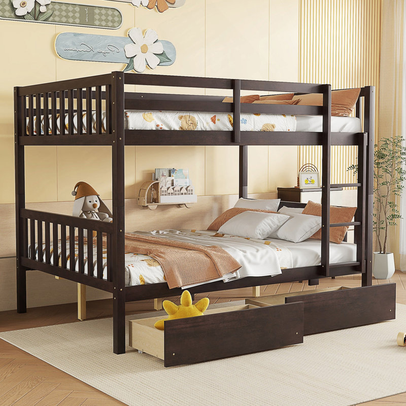 2 Drawers Solid Wood Standard Bunk Bed, Full Over Full, Espresso