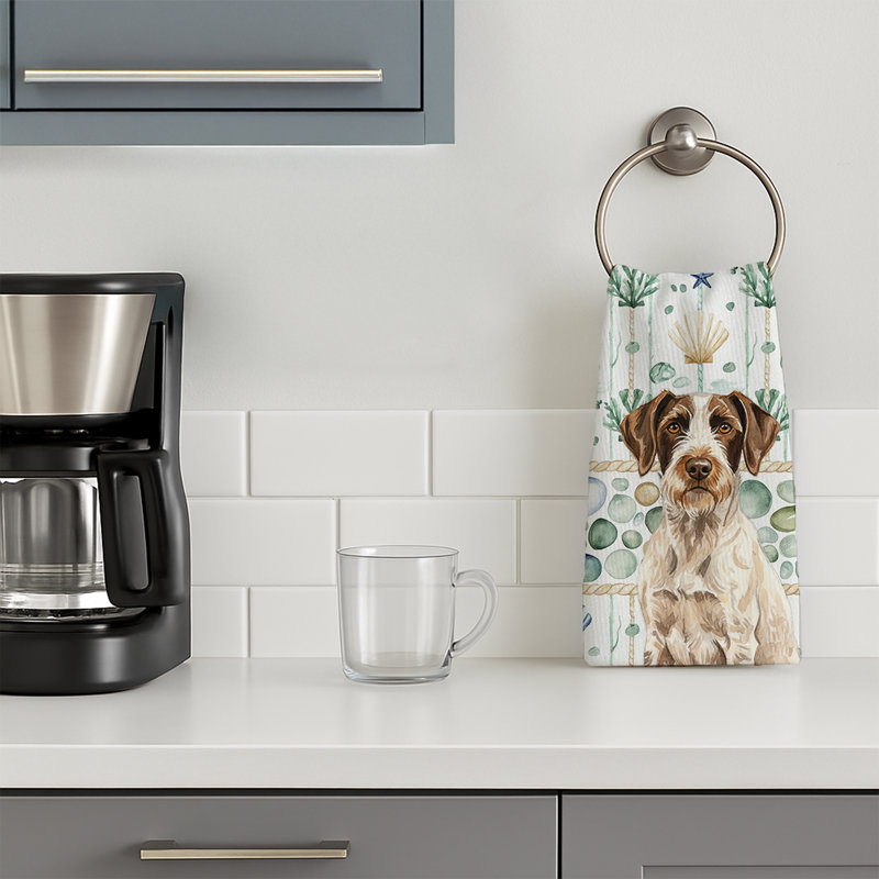 Liver and White German Wirehaired Pointer Coastal Sea Glass Kitchen Towel, Liver and White German Wirehaired Pointer