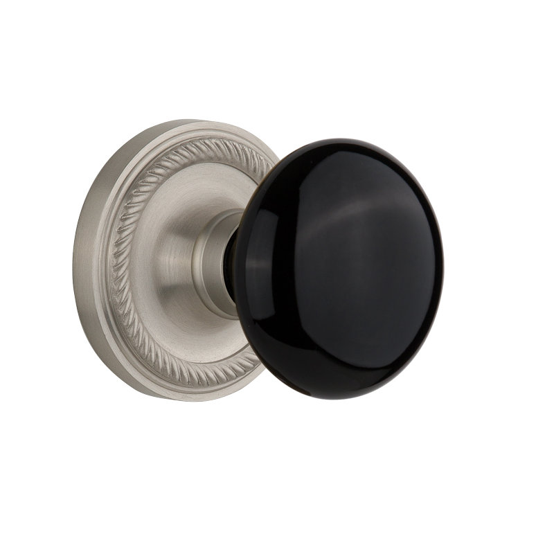 Rope Rosette with Black Porcelain Door Knob, Satin Nickel, 2-3/8"