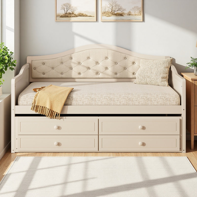 Guest Bed, Twin Daybed with Trundle and Storage Drawers, Beige