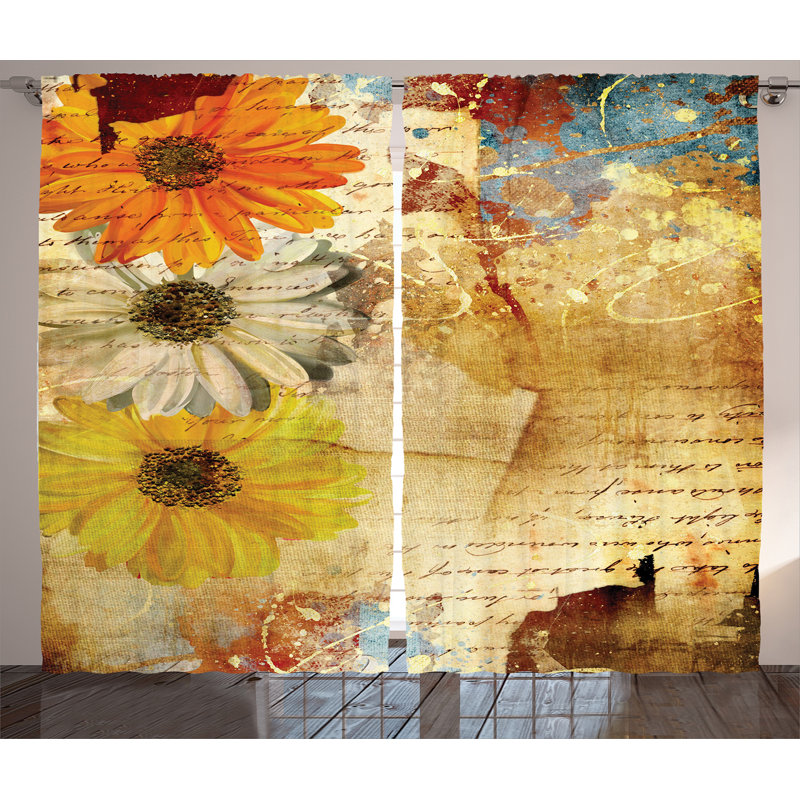 Flowers and Poetry Decor Graphic Print Semi-Sheer Rod Pocket Curtain Panels, 54" x 90"