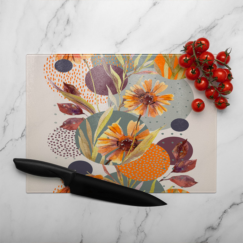 Geometric With Flowers Glass Chopping Board, 40cm L x 28cm W