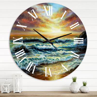 Magnificent Sunset Over Blue Wild Wave Ocean - Nautical & Coastal wall clock