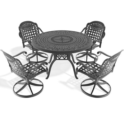 5 chaises en fonte d'aluminium, 4 chaises pivotantes, table ronde de 47,24 po, cadre noir, protégé, confortable pour l'extérieur, dossiers et coussins de siège