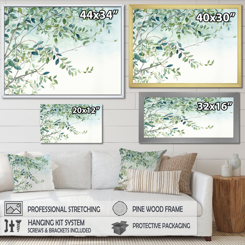 «Green Leaves Scenery Minimalisme II», reproduction sur toile, Cadre simple argenté, H 34 po x l 44 po x P 1,5 po