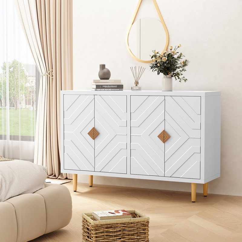 47.8'' Modern Sideboard Cabinet with 4 Embossed Pattern Doors for Kitchen, Living Room, White