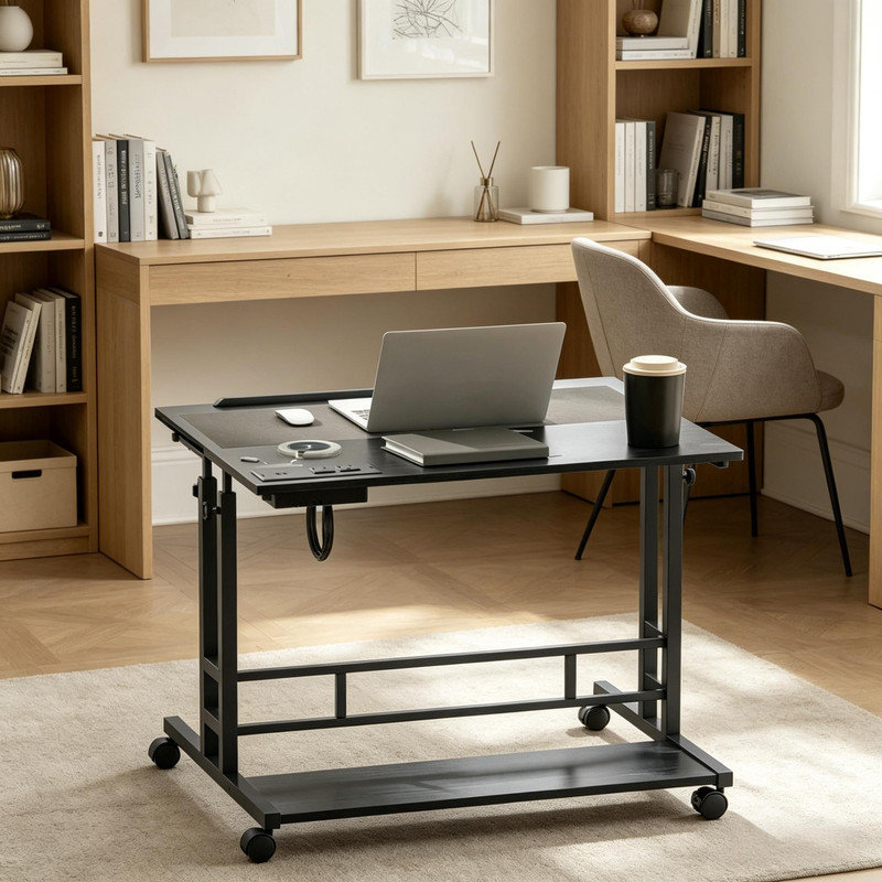 Black Mobile Standing Desk with Power Outlets, Height Adjustable Rolling Laptop Desk with Tiltable Top, Black
