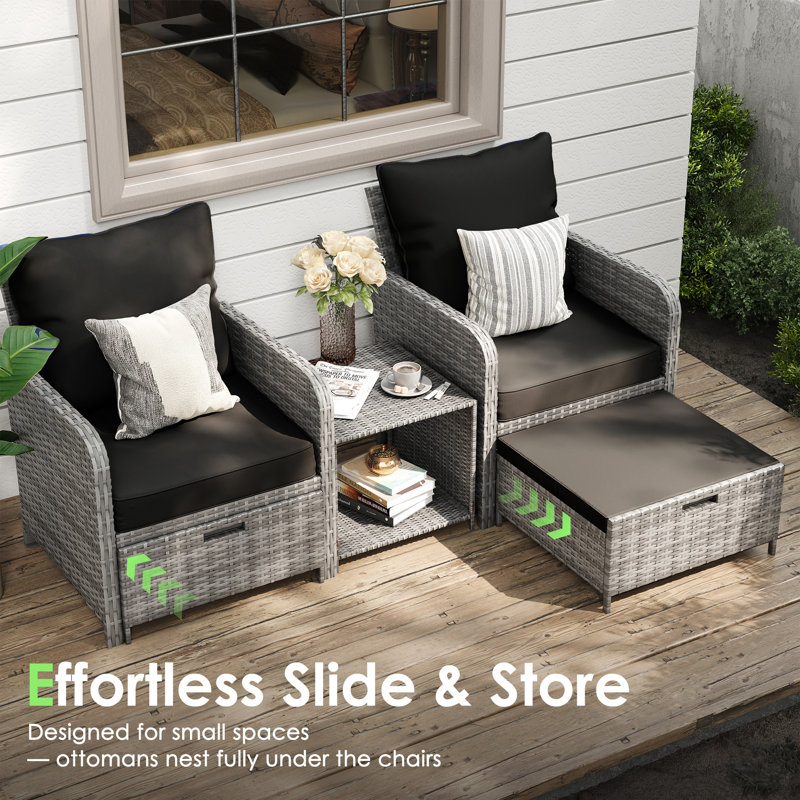 Idamarie Wicker Conversation Set with Ottoman, Gray, Black