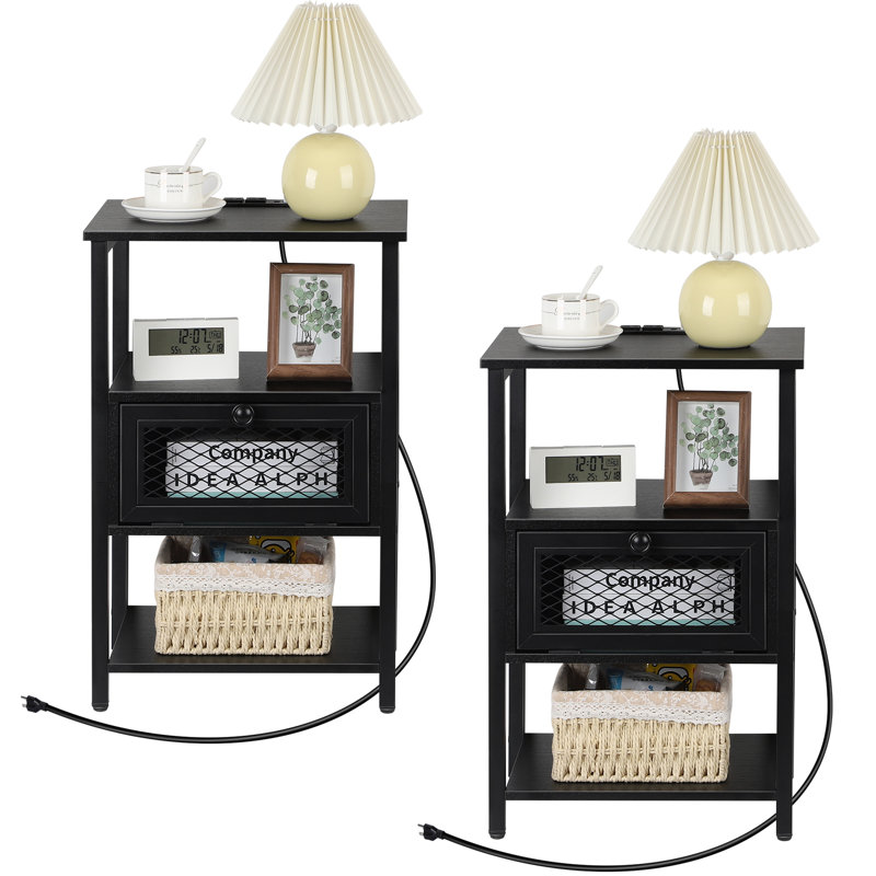Black End Table With Charging Station 2 Bedside Tables With Magnetic Drawers Narrow Side Table With USB Port