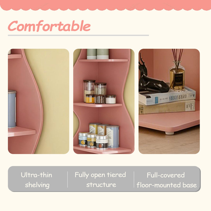 Vintage Wall Corner Bookcase,5-Tier Bookcase,Corner Shelf, Pink