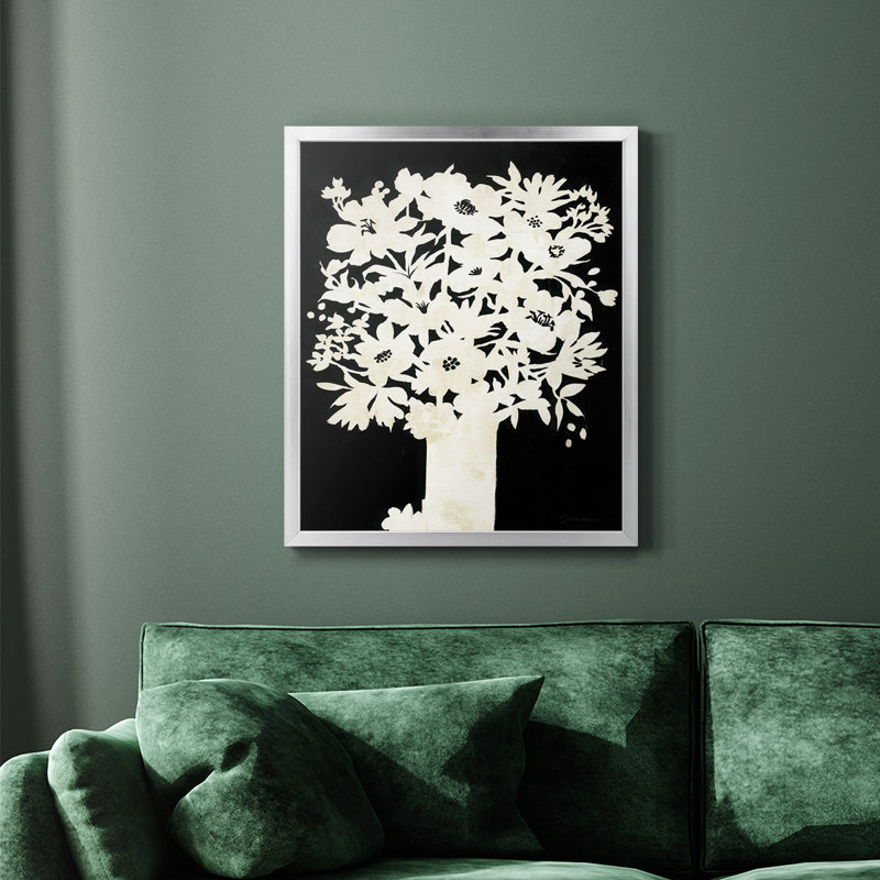 Toile encadrée de qualité supérieure Floral Silhouette - prête à être accrochée, Argent, H 20 po x l 16 po