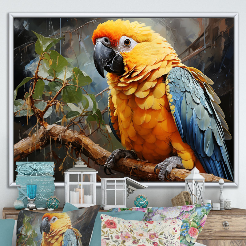" Parrot Tropical Harmony I ", 30" H x 40" W x 1.5" D, White Floater Frame