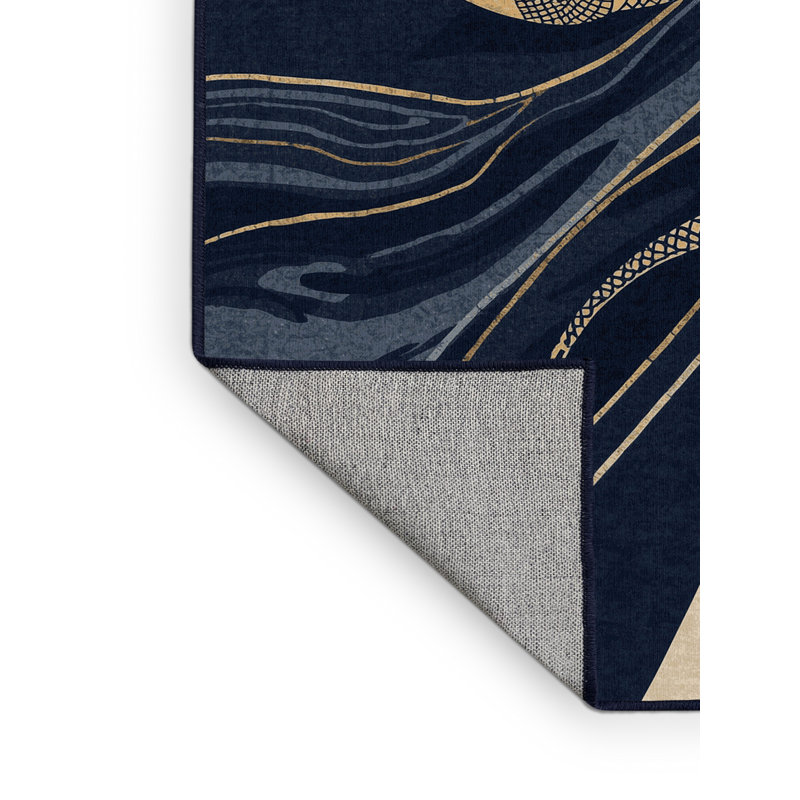Tapis bleu éclectique Pittman Lamia lavable à la machine - reliure bleu marine, 7 x 9