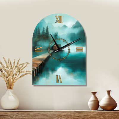 Cabin on Wooden Pier at the Lake - Lodge Non-Ticking Arched Metal Wall Clock