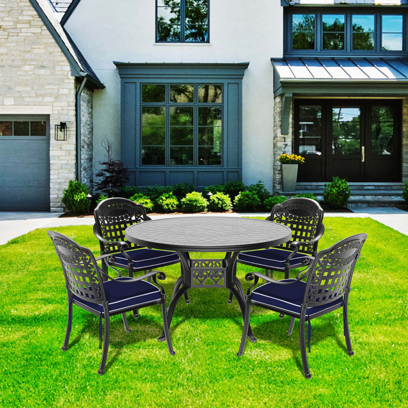 5-Piece Cast Aluminum Patio Furniture Set With Black Frame And Blue Seat Cushions, Blue, 5
