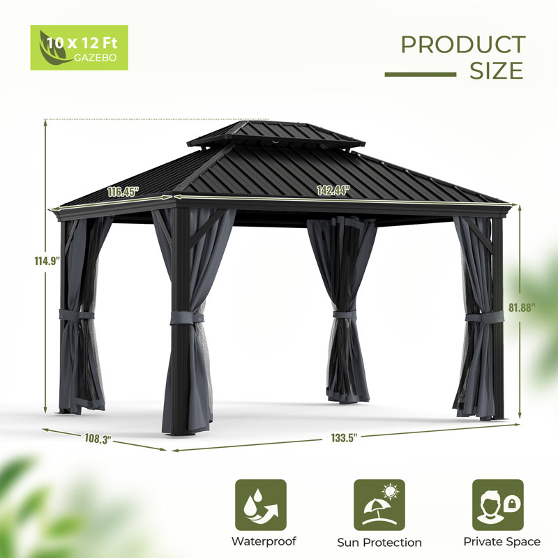 Aluminum Patio Gazebo, Black, Black, 12' W x 10' D