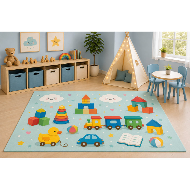 Tapis de jeu éducatif pour les enfants de 5 pi x 7 pi «Ultra Léger» pour chambre de jeu, blocs de construction, train de canard, tapis de dessin animé, envers en silicone antidérapant