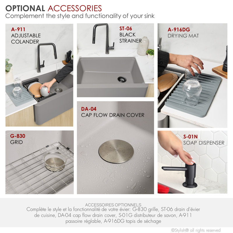 Stylish Undermount 30" Single Bowl Gray Composite Granite Apron Kitchen Sink, Gray