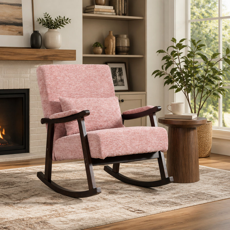Fauteuil rembourré moderne, chaise berçante avec structure en bois massif, Chenille rose