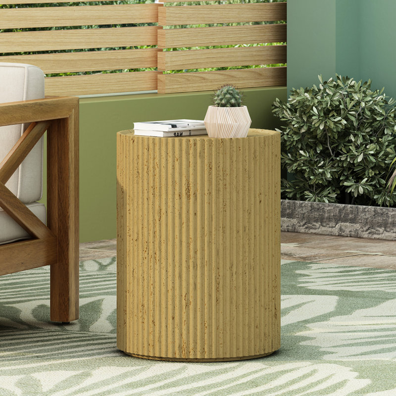 Table d'appoint cylindrique, texture semblable au bois, couleur brun antique