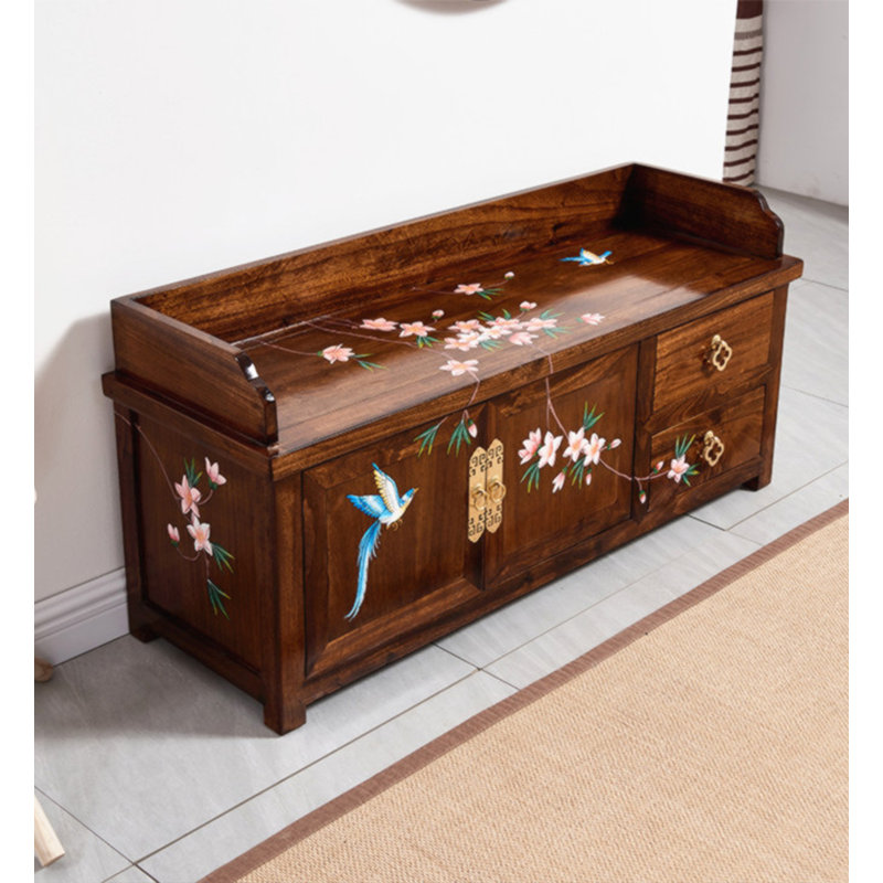 Solid Wood Hand-Painted Flower and Bird Pattern Shoe Storage Bench, Brown/Peach Blossom