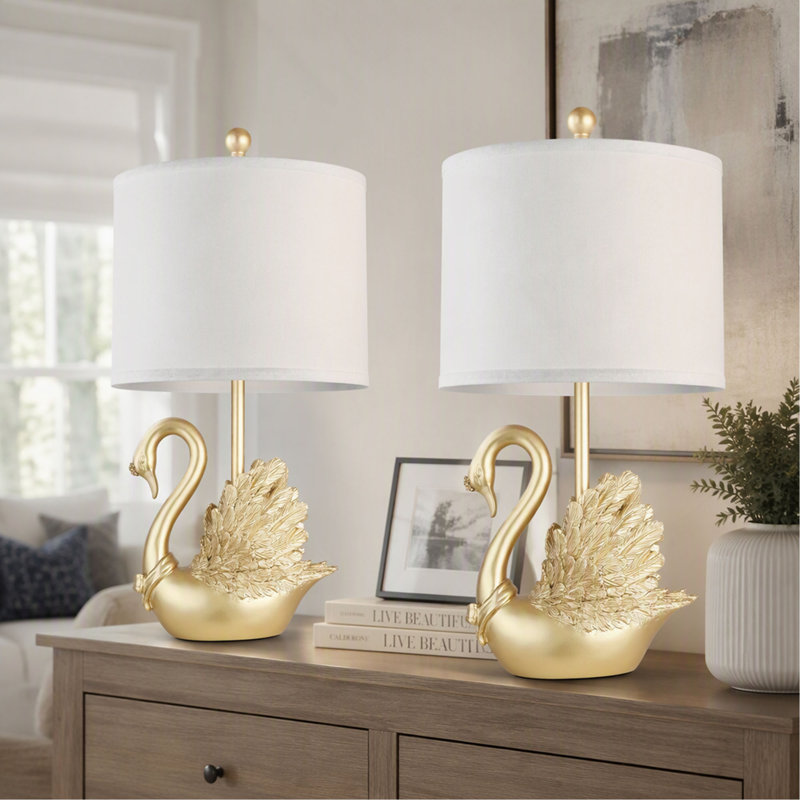 Lampe de table, ensemble de 2, motif cygne en laiton doré, ampoules DEL incluses, style moderne
