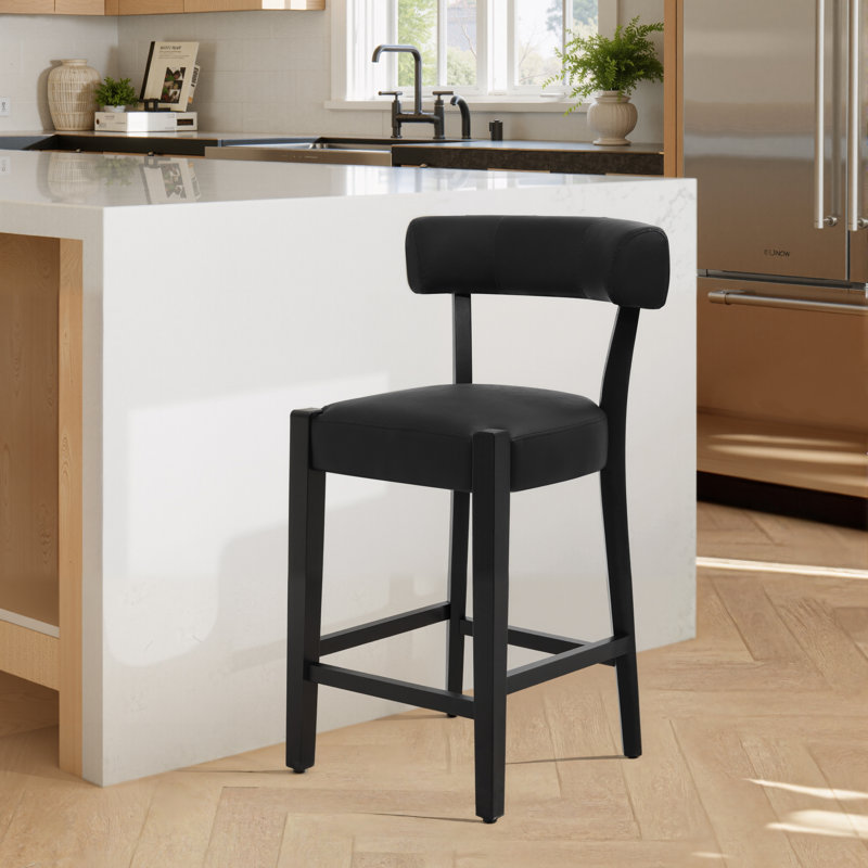 Tabouret de bar 26 po Mid-Century, Similicuir noir / cadre noir, 1