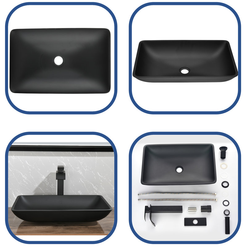 Lavabo de salle de bain rectangulaire en verre avec robinet MONSFEST, Noir mat, Noir mat