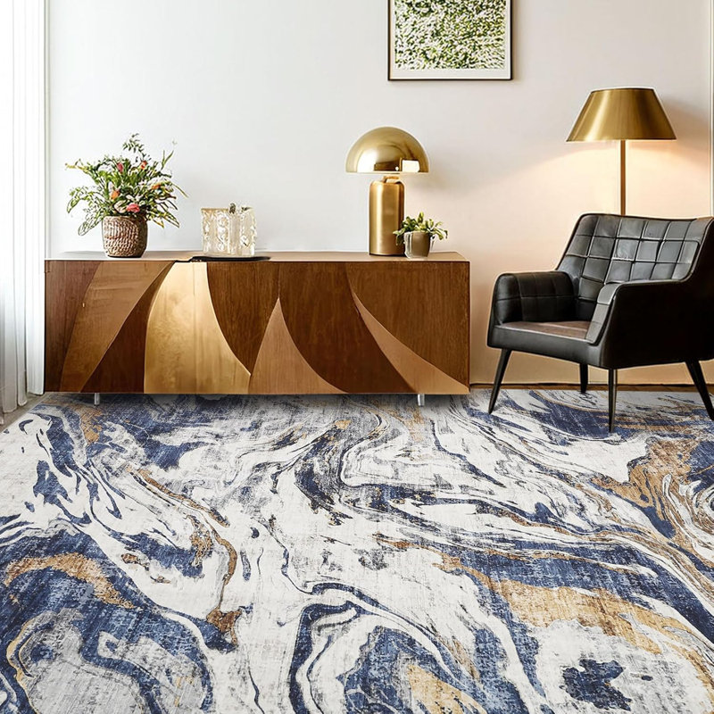 Machine Washable Rug – Non-Slip Low Pile Foldable Soft Modern Abstract Carpet for Entryway Bathroom Laundry Room Blue.