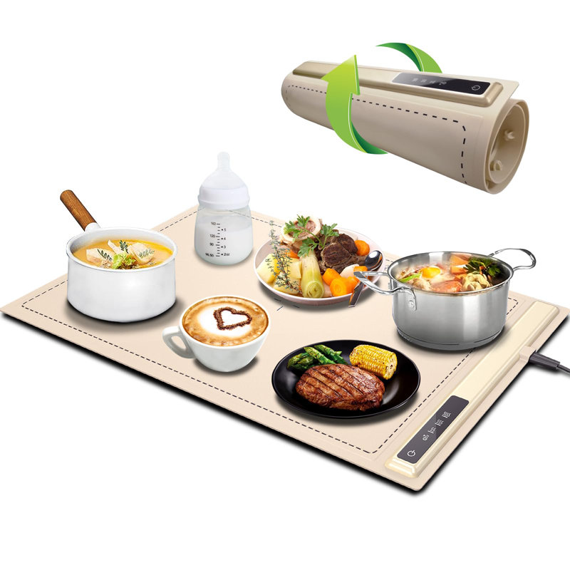 Tapis de mise à niveau amélioré avec plateau chauffant électrique à température réglable, chauffe-aliments en silicone enroulable avec 3 réglages de température