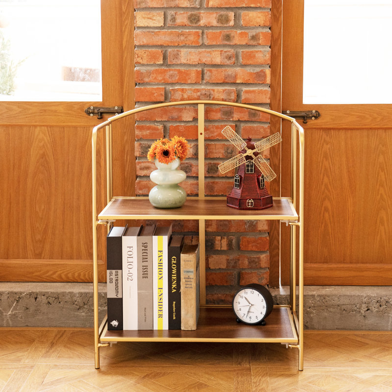Lejon No Assembly Folding Etagere Bookcase, (2 Shelves ) 26.4" H x 22.4" W x 12.6" D, Gold