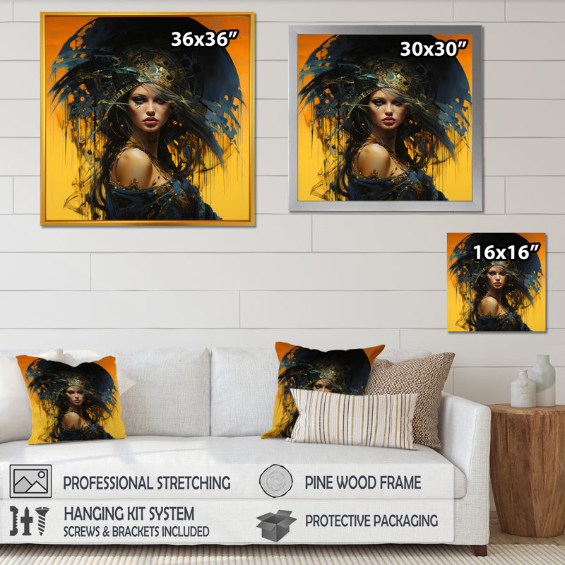 Or et noir Warrior Queen IV - art mural moderne, Cadre flottant noir, H 30 po x l 30 po x P 1,5 po