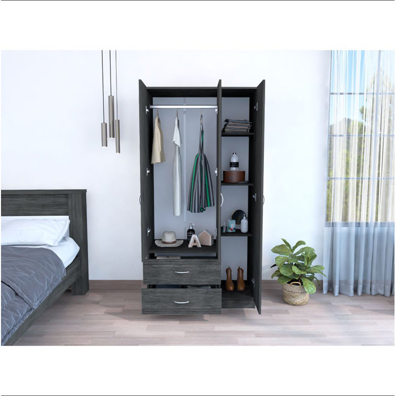 Armoire 3 portes avec deux tiroirs, tablettes et barre de suspension austral - chêne fumé