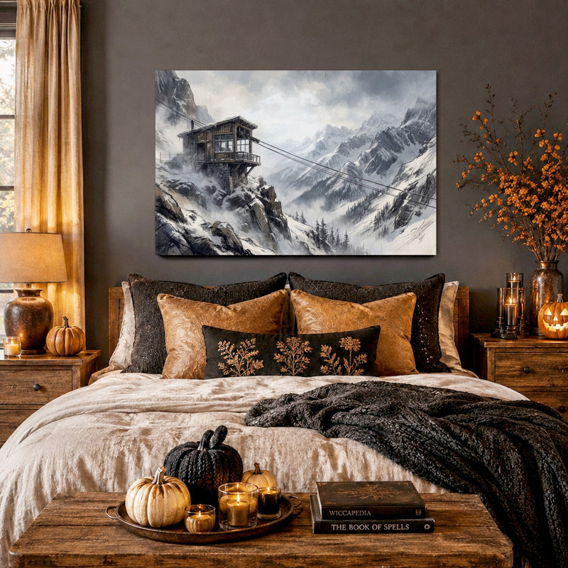Toile murale d'Halloween représentant un chalet enneigé sur une falaise rocheuse, 12"H x 18"W