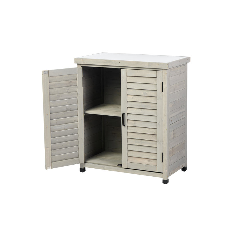 Banc de rempotage pour l'extérieur avec armoire de rangement grise 31 po x 17 po x 36 po - construction en pruche et plateau de jardin en métal