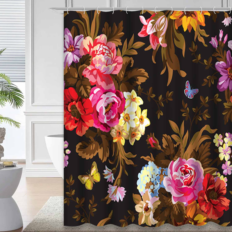 Rideau de douche imperméable à motif floral avec 12 crochets, L 72 po x l 78 po
