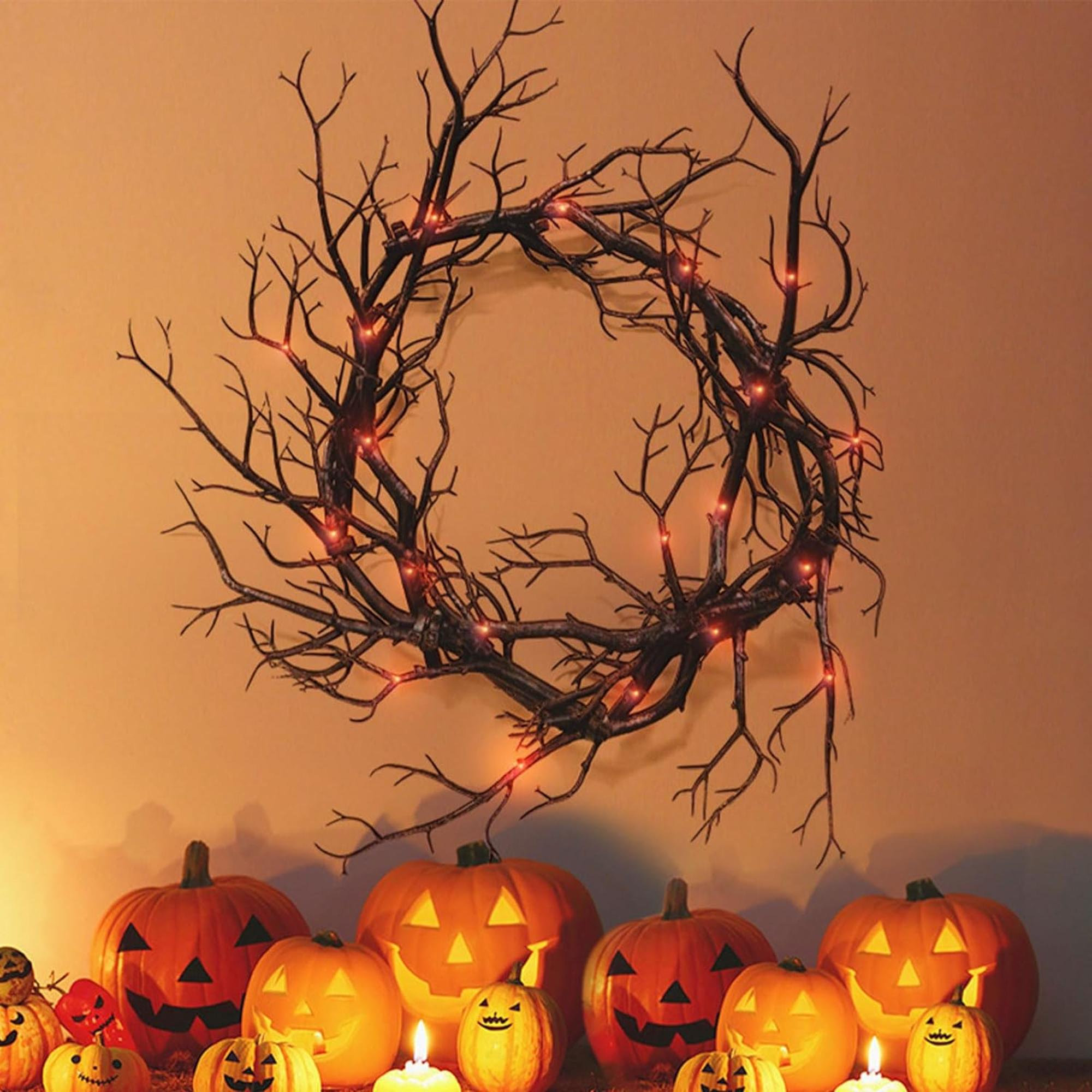 Halloween Black Branch Wreath Signs For Front Door With Lights,Handcrafted Halloween Horror Wreath For Indoor Outdoor Party Window Wall Decor Farmhouse Garland Yard (Black Branch)