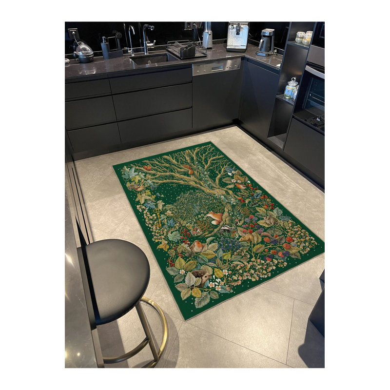 Tapis vert lavable à motif géométrique et animal vert, Sous-tapis rectangulaire 2 pi 4 po x 3 pi 11 po