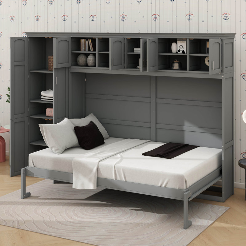 Grand lit escamotable mural avec armoires, gris