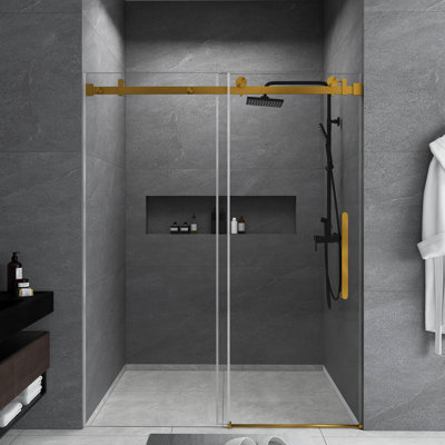56-60 "W X 76" H Frameless | Single Sliding | Shower Door | 1/4 Inch Transparent Glass With Explosion Proof Film | Stainless Steel Handle | Square Tube Track | Brushed Gold