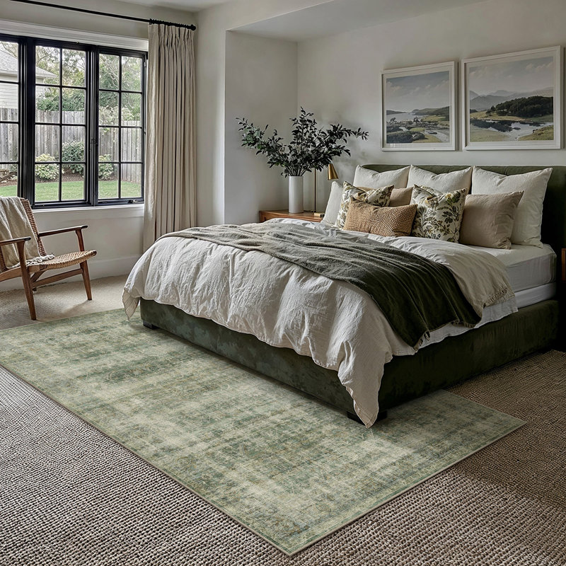 Tapis vert délavé lavable rétro Luis, Vert, Rectangle 9 pi x 12 pi