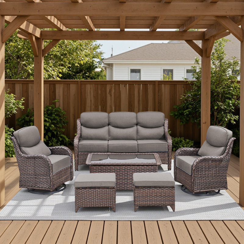 6-Piece Outdoor Wicker Patio Conversation Set With Swivel Chairs And Coffee Table, Brown, Gray