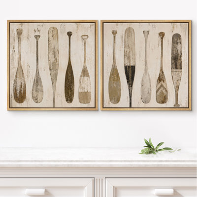 Vintage Wooden Paddle Collection With Rustic Beige Lake House Decor Framed Canvas Master Bedroom Wall Art Work 2 Pieces Print Set