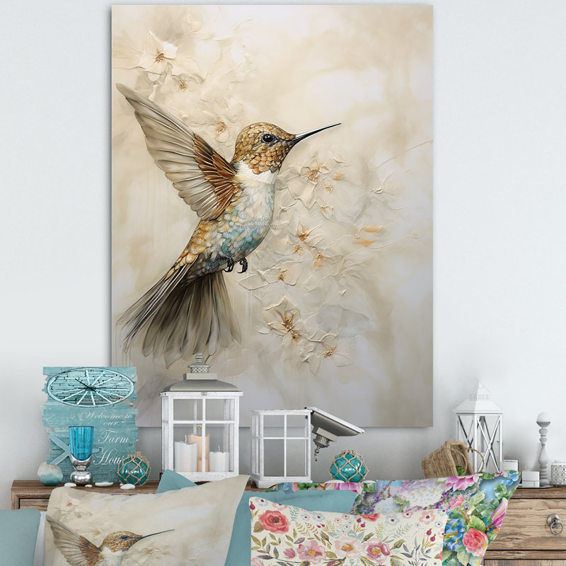 Colibri floral flottant III - Art mural colibri pour le salon, 40" H x 30" W, Toile tendue