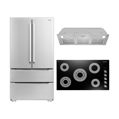 Cosmo 3 Piece Kitchen Appliance Package with French Door Refrigerator Freestanding Insert Range Hood